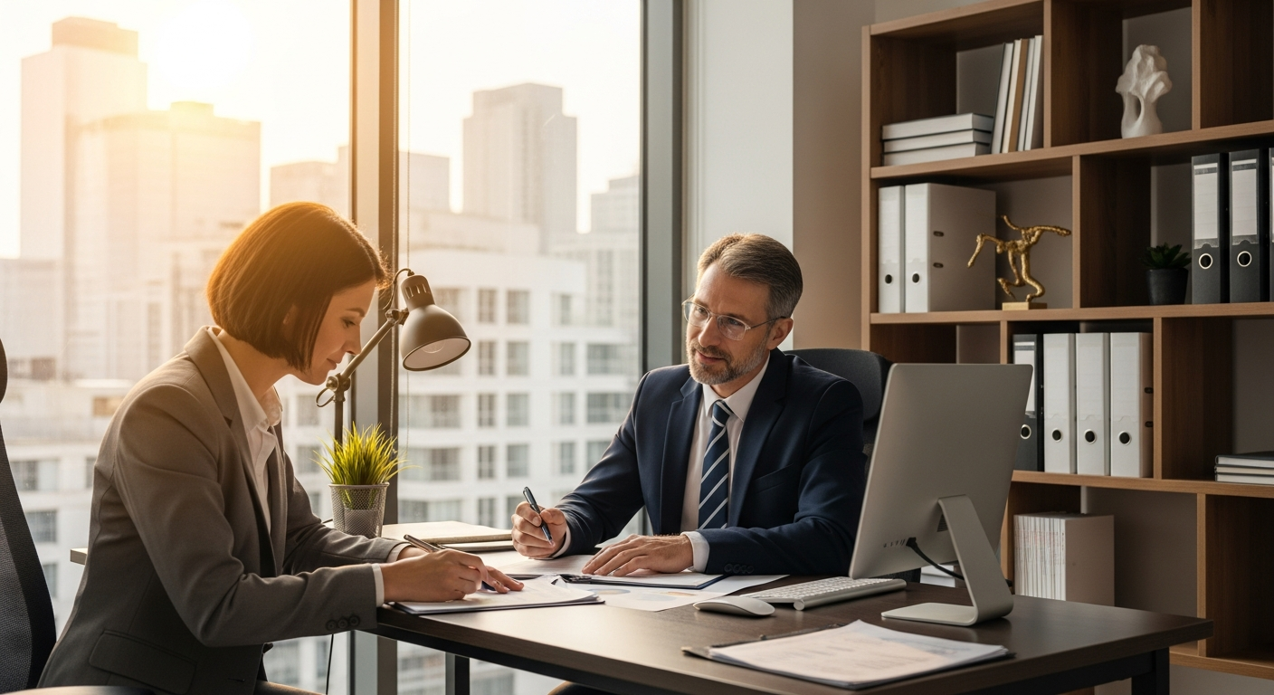 Accountant reviewing documents with a client